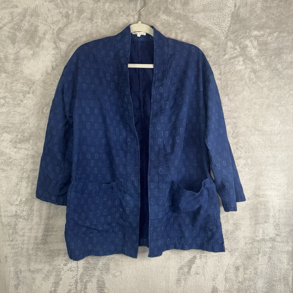 EILEEN FISHER Womens Kimono Jacket Blue Block Print Organic Cotton Size Small